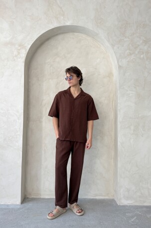 Erkek Oversize Keten Gömlek Pantolon Takım Kahverengi - 3