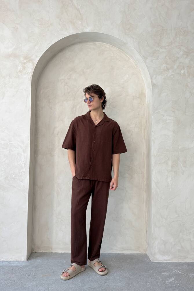 Erkek Oversize Keten Gömlek Pantolon Takım Kahverengi - 3