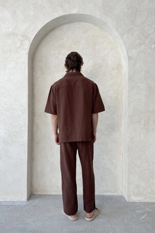 Erkek Oversize Keten Gömlek Pantolon Takım Kahverengi - 6
