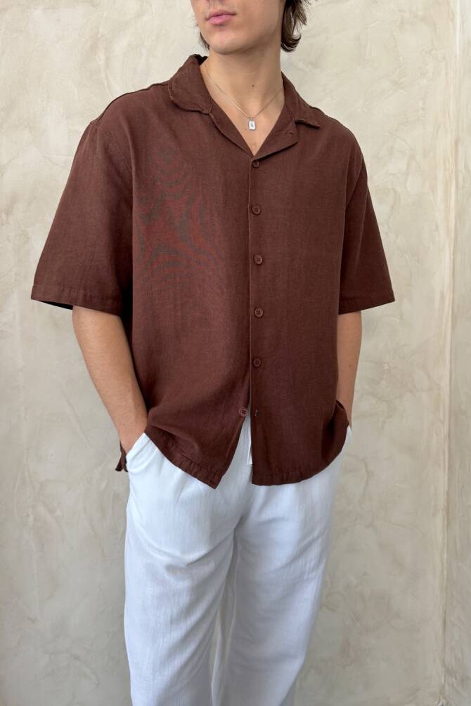 Erkek Oversize Keten Gömlek Pantolon Takım Kahverengi - 7