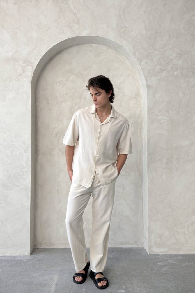 Erkek Oversize Keten Gömlek Pantolon Takım Krem - 1
