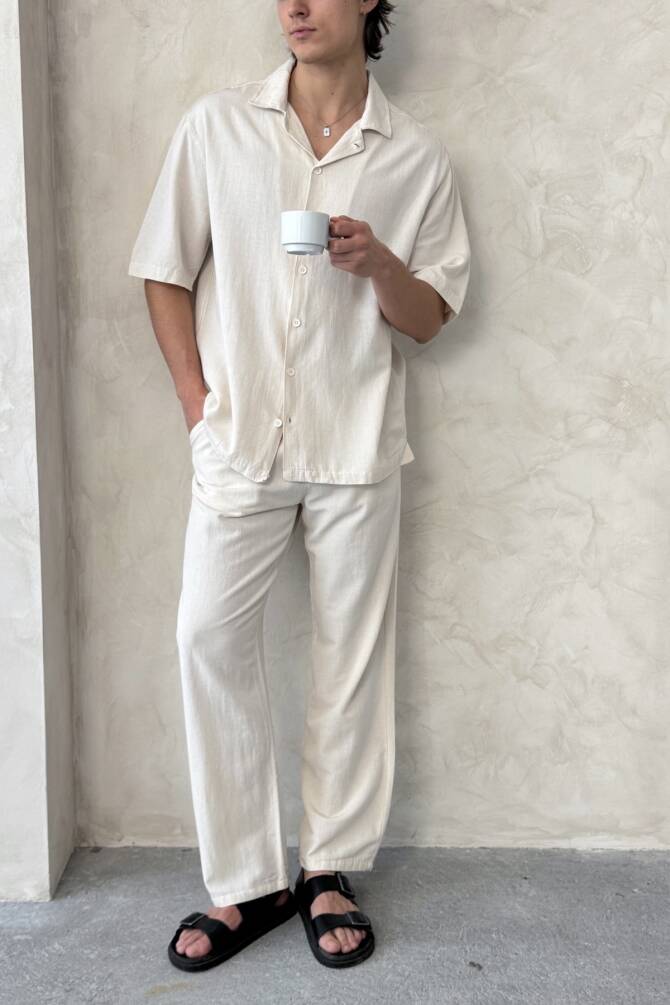 Erkek Oversize Keten Gömlek Pantolon Takım Krem - 3