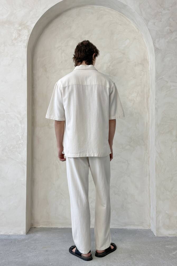 Erkek Oversize Keten Gömlek Pantolon Takım Krem - 4