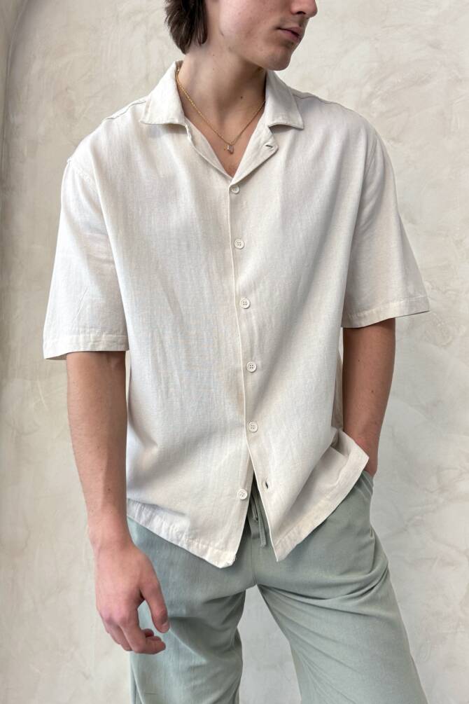 Erkek Oversize Keten Gömlek Pantolon Takım Krem - 5