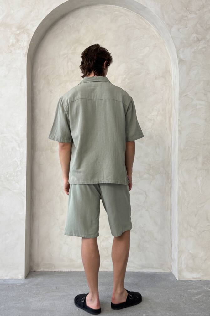 Erkek Oversize Keten Gömlek Şort Takım Haki - 5