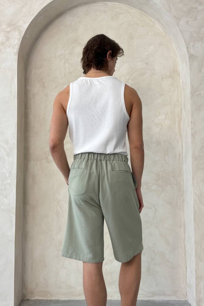 Erkek Oversize Keten Gömlek Şort Takım Haki - 7