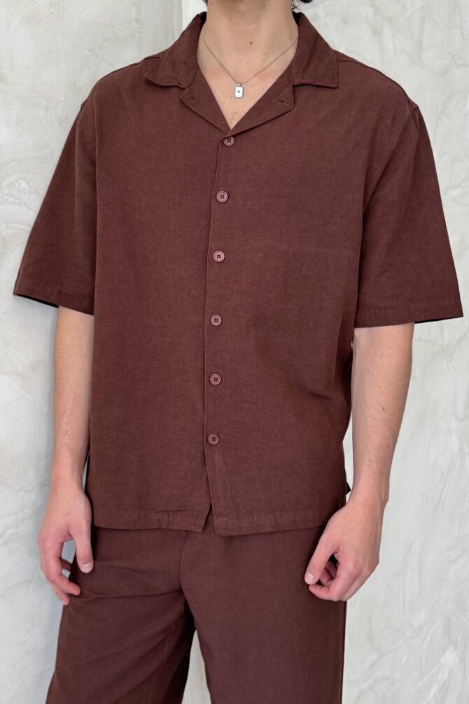 Erkek Oversize Keten Gömlek Şort Takım Kahverengi - 3