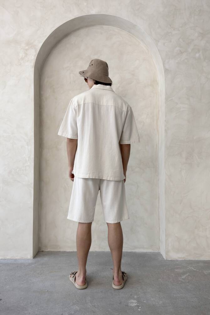 Erkek Oversize Keten Gömlek Şort Takım Krem - 6