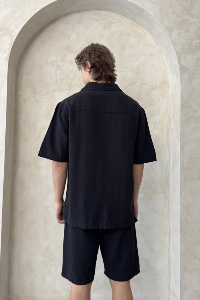 Erkek Oversize Keten Gömlek Şort Takım Siyah - 8