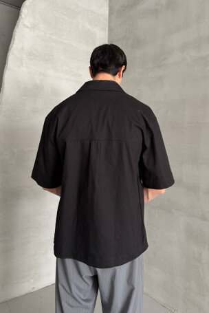 Erkek Oversize Kısa Kol Gabardin Gömlek Siyah - 5