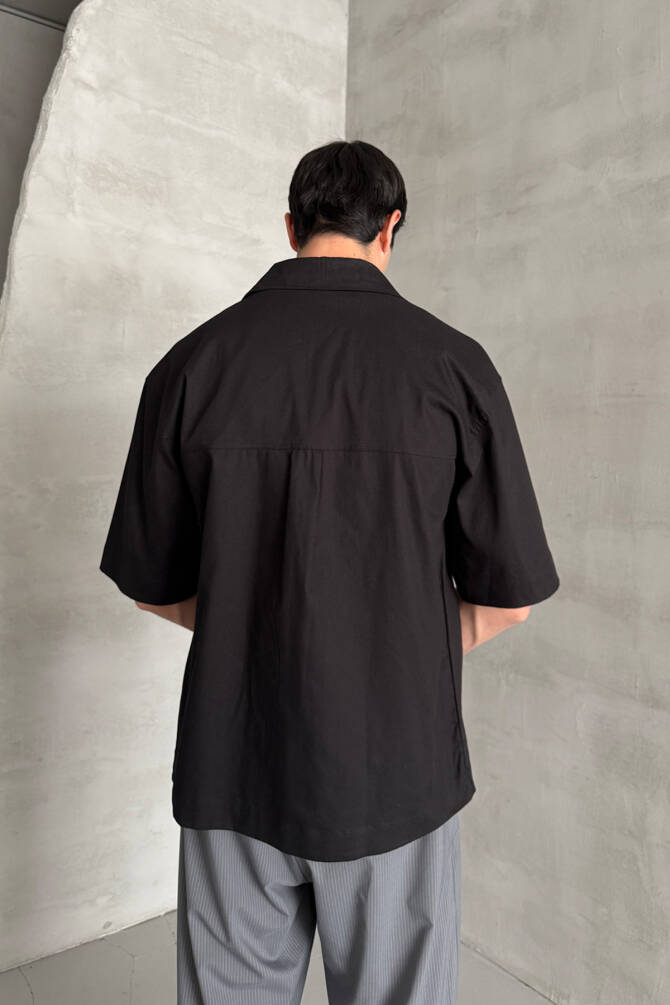 Erkek Oversize Kısa Kol Gabardin Gömlek Siyah - 5