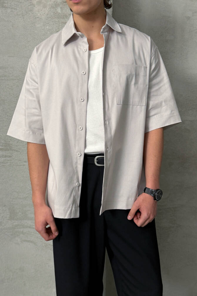 Erkek Oversize Kısa Kol Gabardin Gömlek Taş - 2