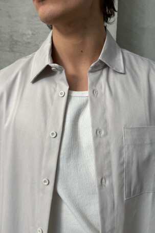 Erkek Oversize Kısa Kol Gabardin Gömlek Taş - 5