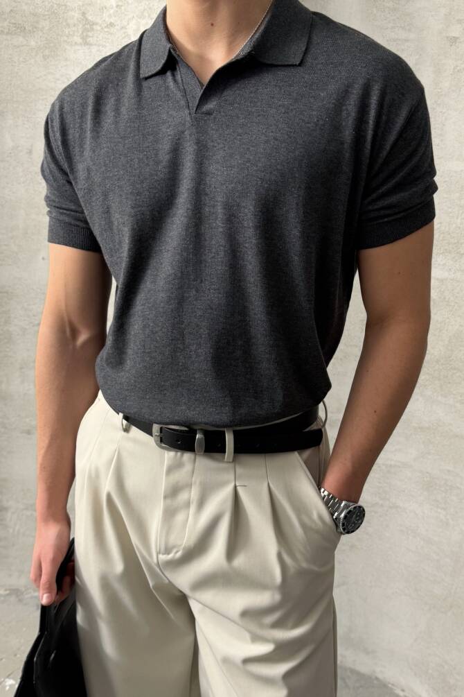 Erkek Oversize Pamuklu Polo Yaka Triko T-Shirt Antrasit - 1