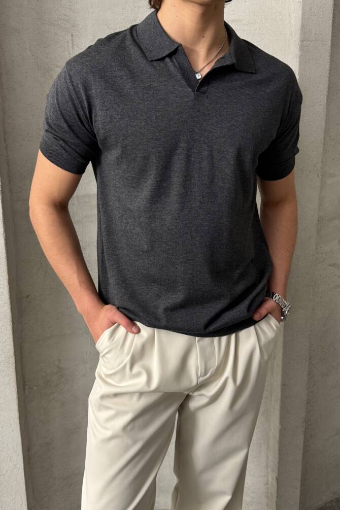 Erkek Oversize Pamuklu Polo Yaka Triko T-Shirt Antrasit - 2