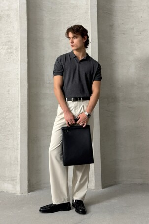 Erkek Oversize Pamuklu Polo Yaka Triko T-Shirt Antrasit - 3
