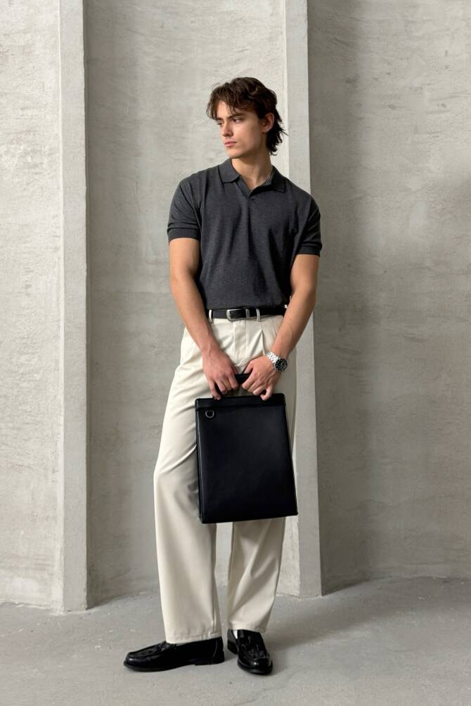 Erkek Oversize Pamuklu Polo Yaka Triko T-Shirt Antrasit - 3