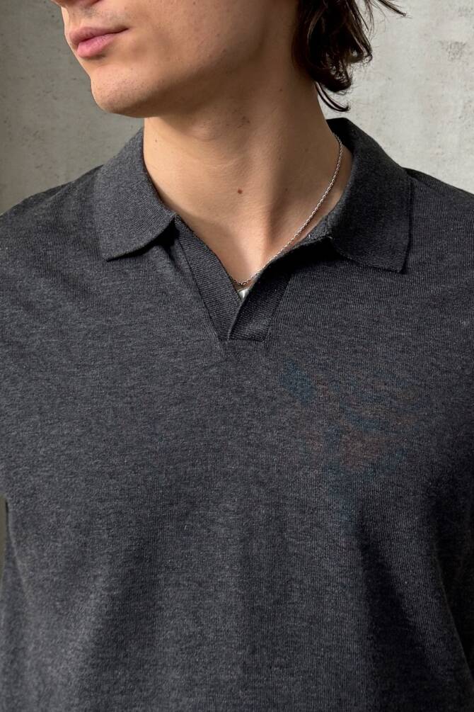 Erkek Oversize Pamuklu Polo Yaka Triko T-Shirt Antrasit - 4