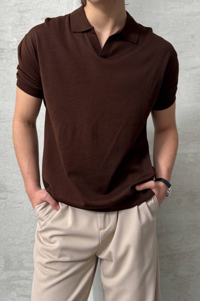 Erkek Oversize Pamuklu Polo Yaka Triko T-Shirt Kahverengi - 1