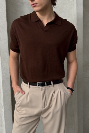 Erkek Oversize Pamuklu Polo Yaka Triko T-Shirt Kahverengi - 2
