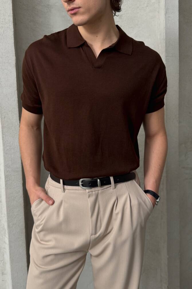 Erkek Oversize Pamuklu Polo Yaka Triko T-Shirt Kahverengi - 2
