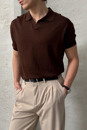Erkek Oversize Pamuklu Polo Yaka Triko T-Shirt Kahverengi - 3
