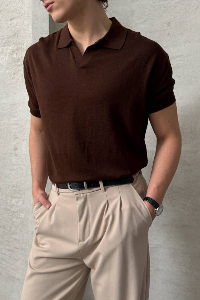 Erkek Oversize Pamuklu Polo Yaka Triko T-Shirt Kahverengi - 3