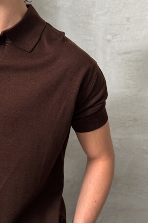 Erkek Oversize Pamuklu Polo Yaka Triko T-Shirt Kahverengi - 4