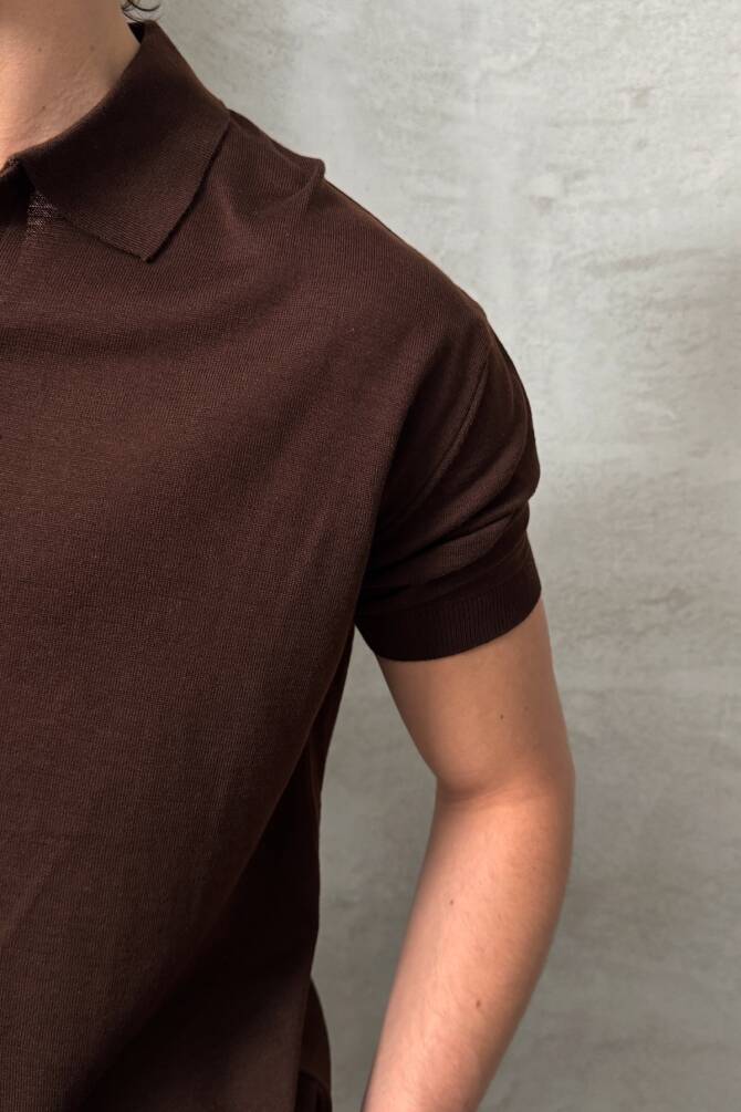 Erkek Oversize Pamuklu Polo Yaka Triko T-Shirt Kahverengi - 4