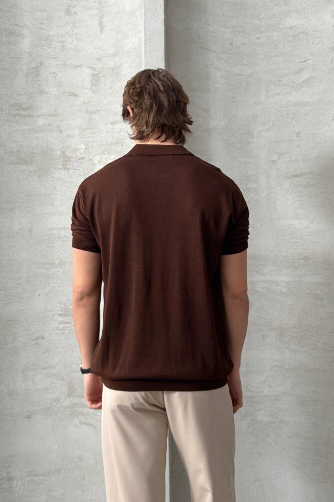 Erkek Oversize Pamuklu Polo Yaka Triko T-Shirt Kahverengi - 5