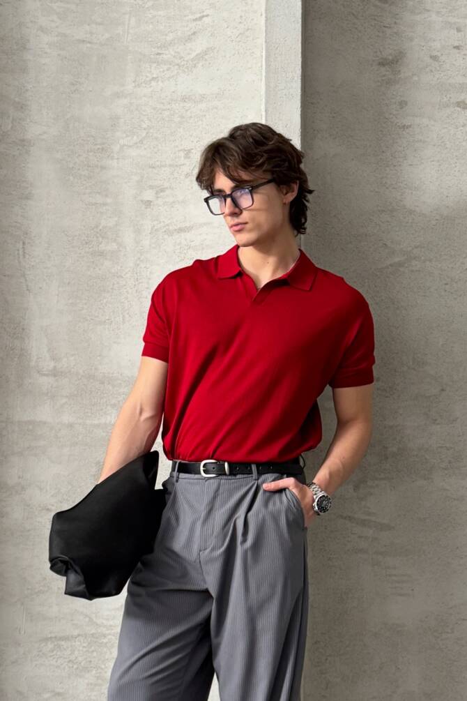Erkek Oversize Pamuklu Polo Yaka Triko T-Shirt Kırmızı - 1