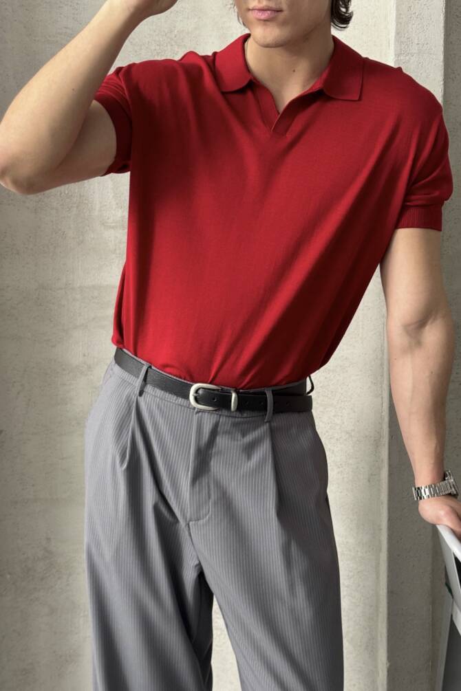 Erkek Oversize Pamuklu Polo Yaka Triko T-Shirt Kırmızı - 2