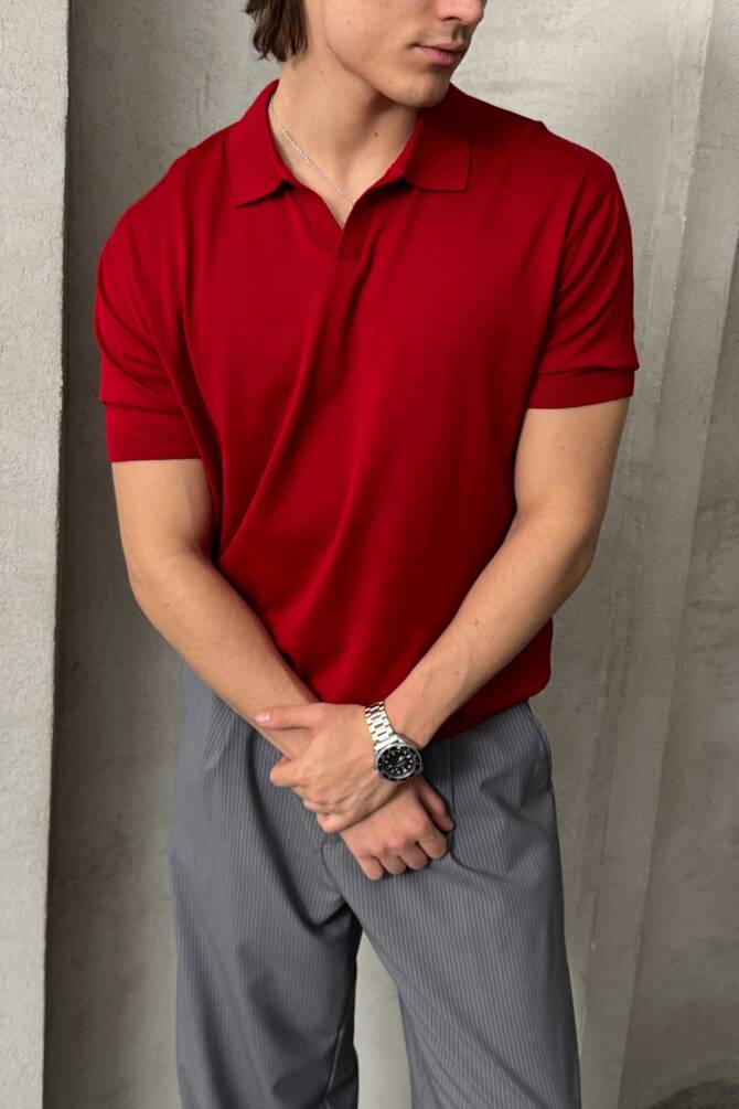 Erkek Oversize Pamuklu Polo Yaka Triko T-Shirt Kırmızı - 3
