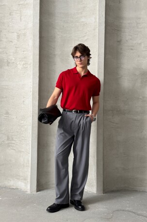 Erkek Oversize Pamuklu Polo Yaka Triko T-Shirt Kırmızı - 4