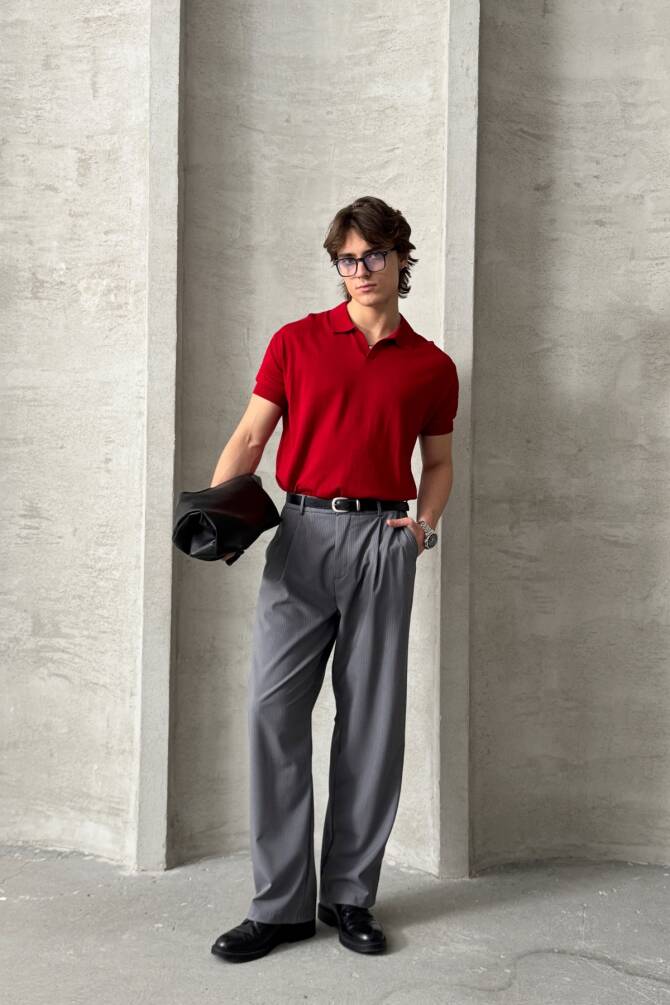 Erkek Oversize Pamuklu Polo Yaka Triko T-Shirt Kırmızı - 4