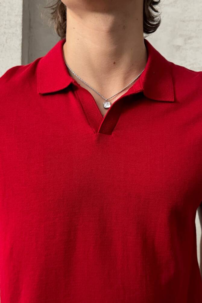 Erkek Oversize Pamuklu Polo Yaka Triko T-Shirt Kırmızı - 5