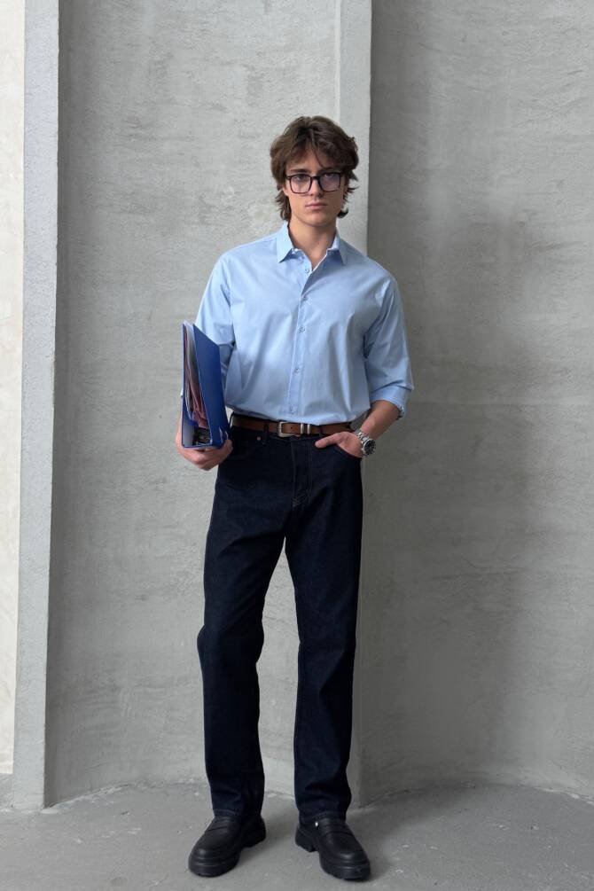 Erkek Oversize Pamuklu Poplin Gömlek Açık Mavi - 4