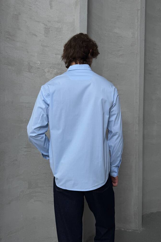 Erkek Oversize Pamuklu Poplin Gömlek Açık Mavi - 5