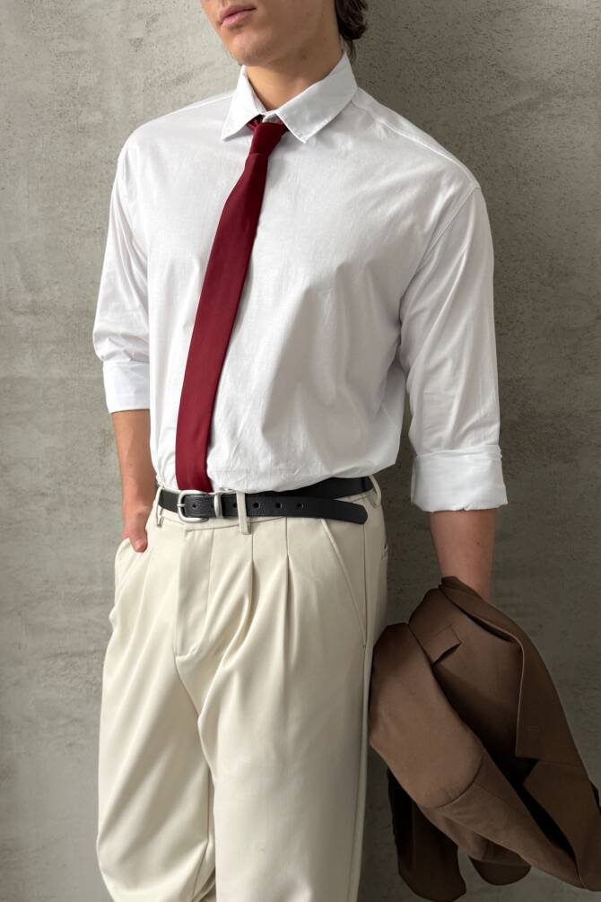 Erkek Oversize Pamuklu Poplin Gömlek Beyaz - 4