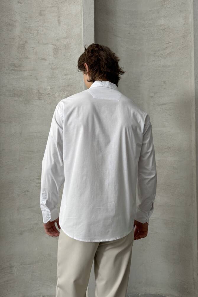 Erkek Oversize Pamuklu Poplin Gömlek Beyaz - 7