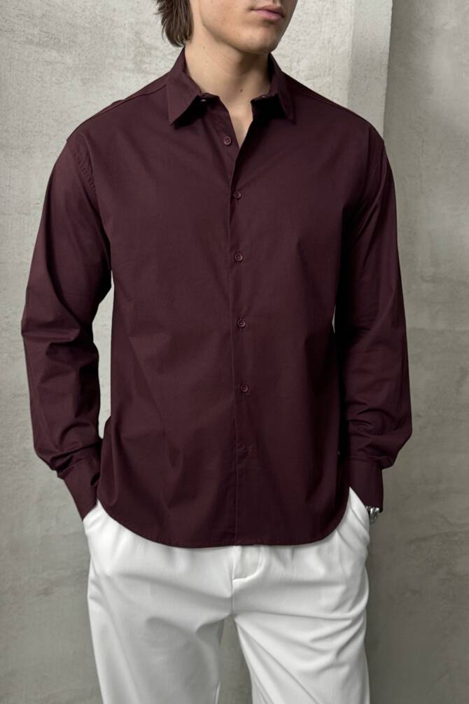Erkek Oversize Pamuklu Poplin Gömlek Bordo - 1