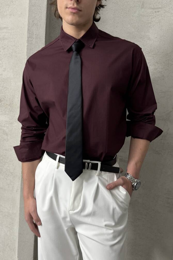 Erkek Oversize Pamuklu Poplin Gömlek Bordo - 2