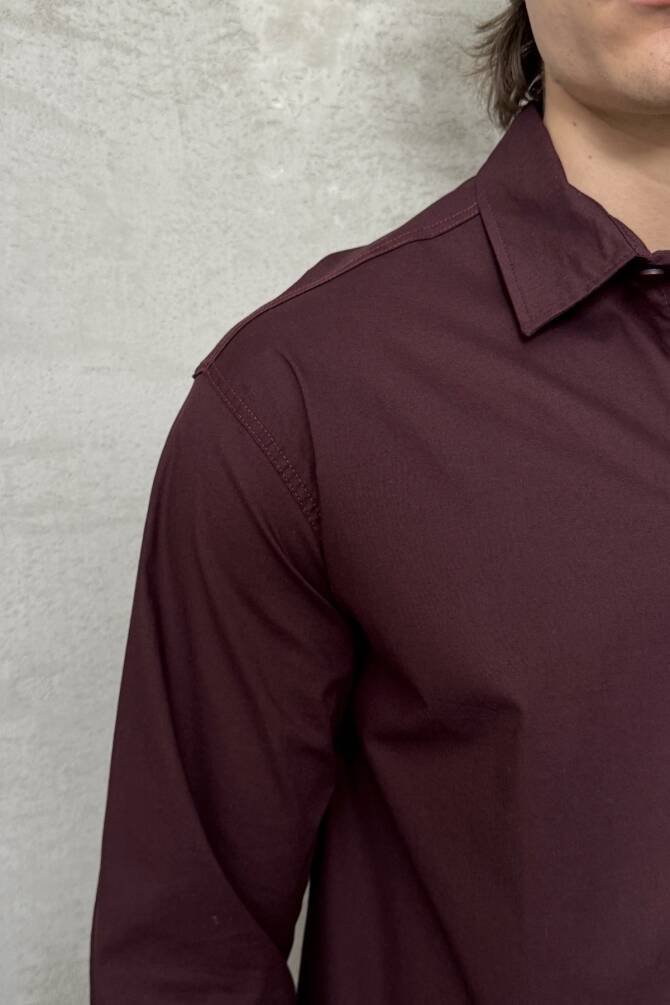 Erkek Oversize Pamuklu Poplin Gömlek Bordo - 4