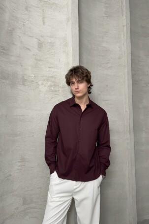 Erkek Oversize Pamuklu Poplin Gömlek Bordo - 5