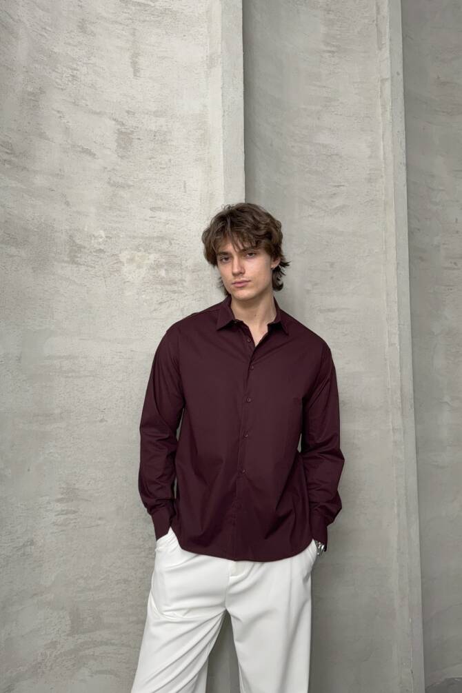 Erkek Oversize Pamuklu Poplin Gömlek Bordo - 5