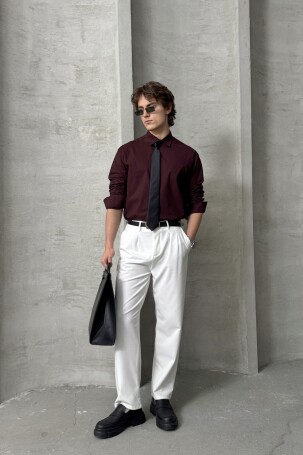 Erkek Oversize Pamuklu Poplin Gömlek Bordo - 6