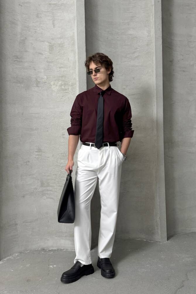Erkek Oversize Pamuklu Poplin Gömlek Bordo - 6