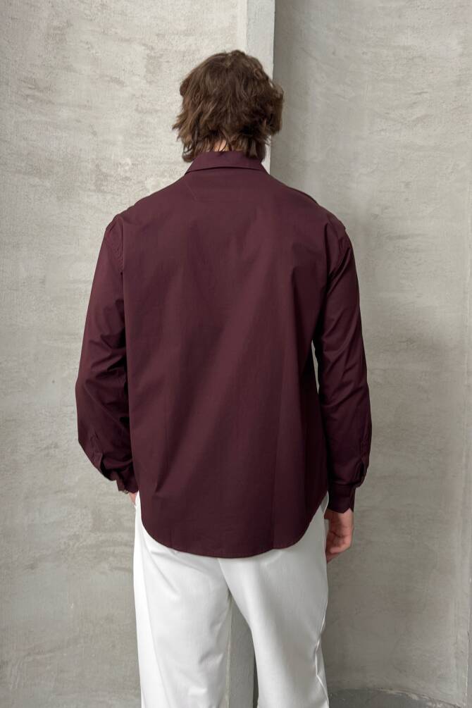 Erkek Oversize Pamuklu Poplin Gömlek Bordo - 7