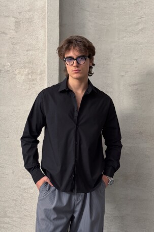 Erkek Oversize Pamuklu Poplin Gömlek Siyah - 4