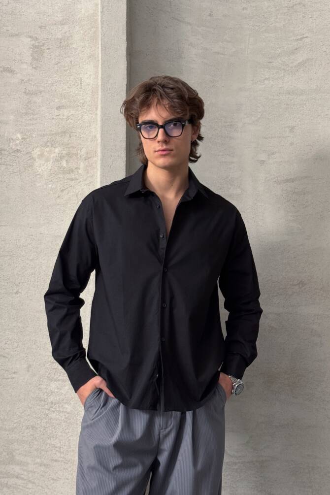 Erkek Oversize Pamuklu Poplin Gömlek Siyah - 4